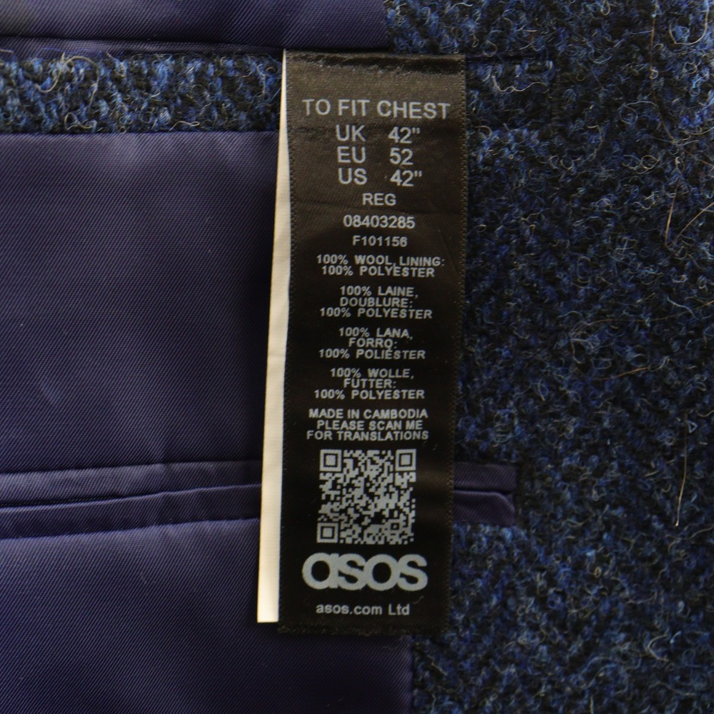 ASOS Harris Tweed Blazer Men's 42R Herringbone Wool Sport Coat Blue EUC - Picture 6 of 10